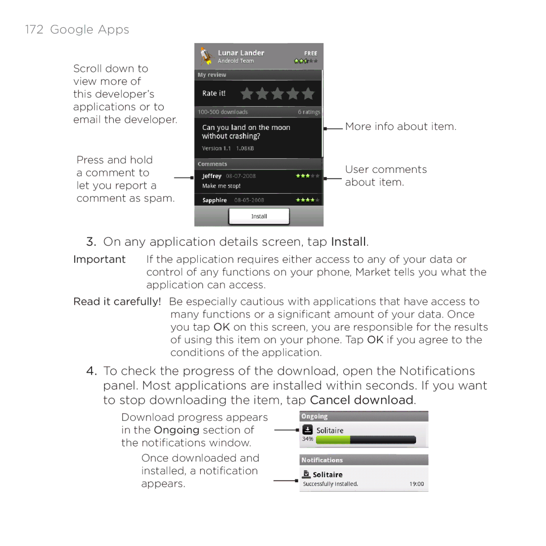 HTC PB00100 user manual On any application details screen, tap Install 