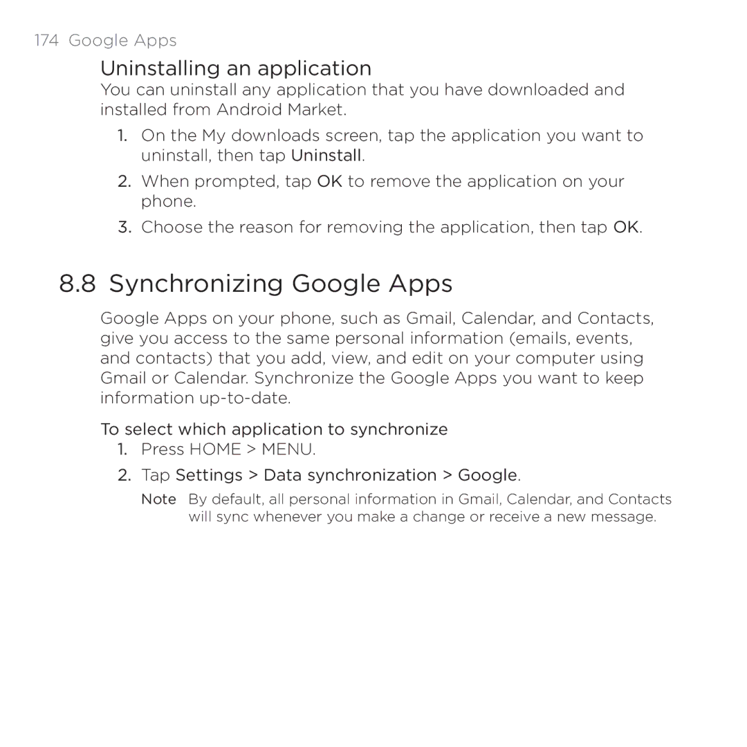 HTC PB00100 user manual Synchronizing Google Apps, Uninstalling an application 