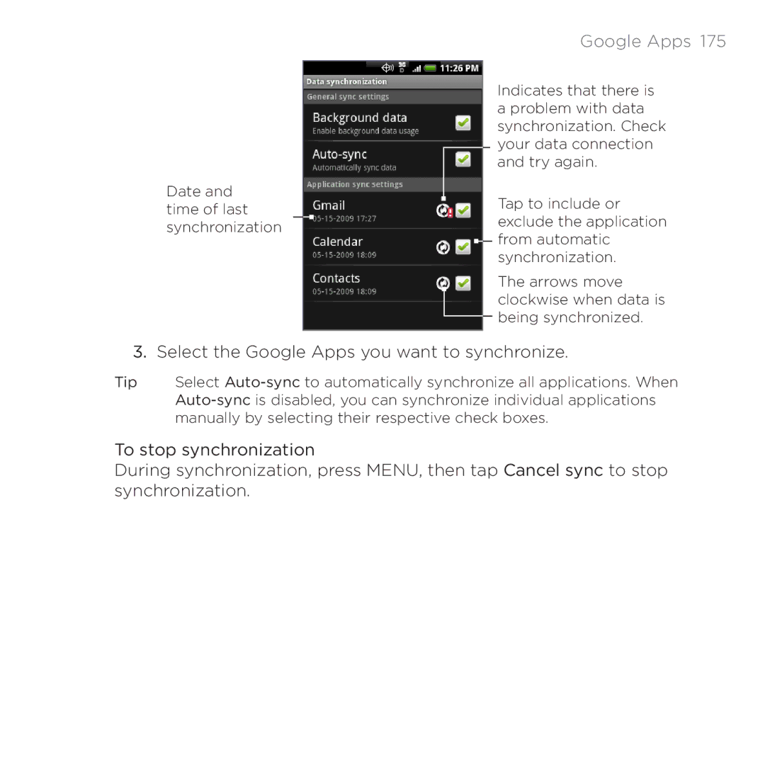 HTC PB00100 user manual Select the Google Apps you want to synchronize 