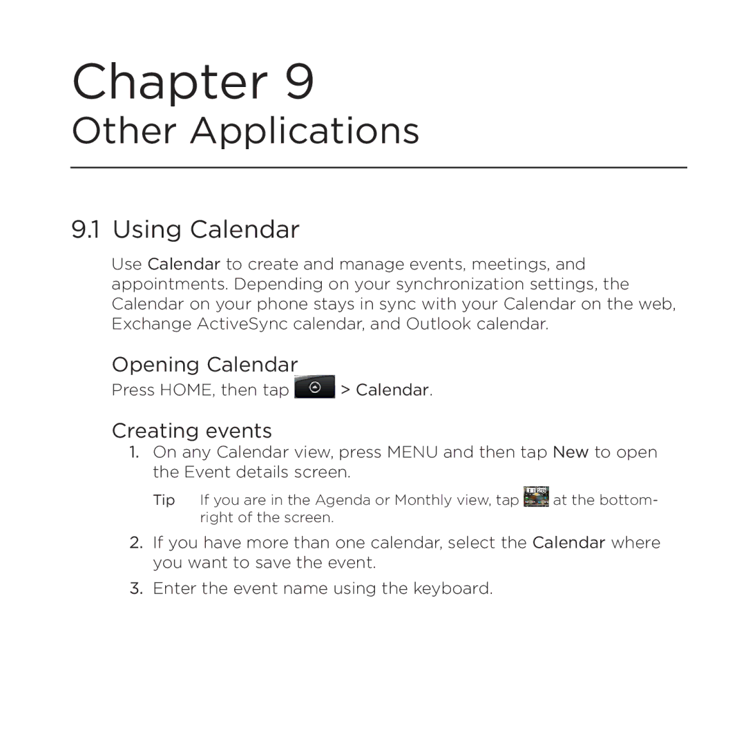 HTC PB00100 user manual Using Calendar, Opening Calendar, Creating events 