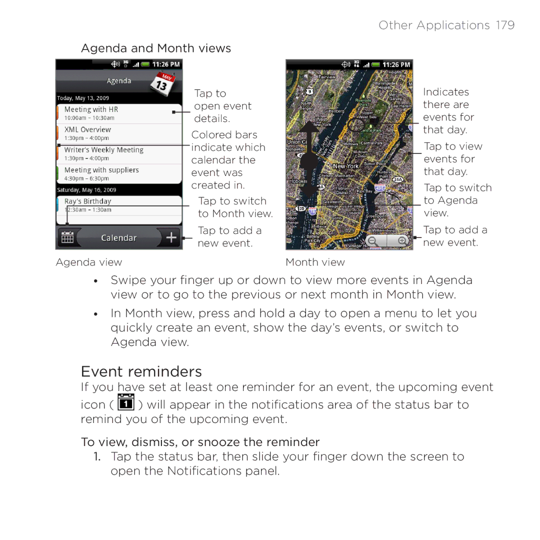 HTC PB00100 user manual Event reminders, Agenda and Month views 