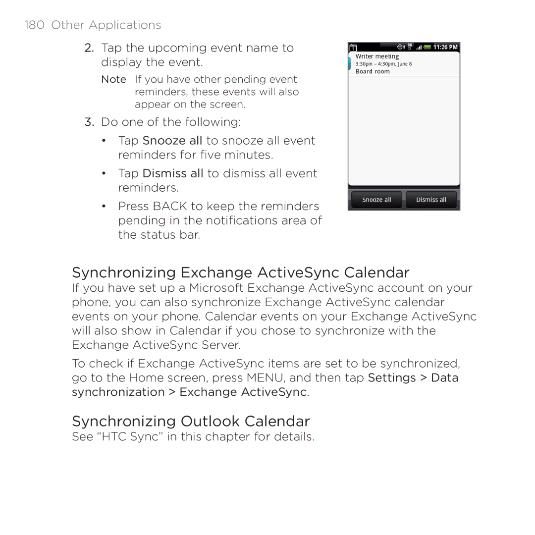 HTC PB00100 user manual Synchronizing Exchange ActiveSync Calendar, Synchronizing Outlook Calendar 