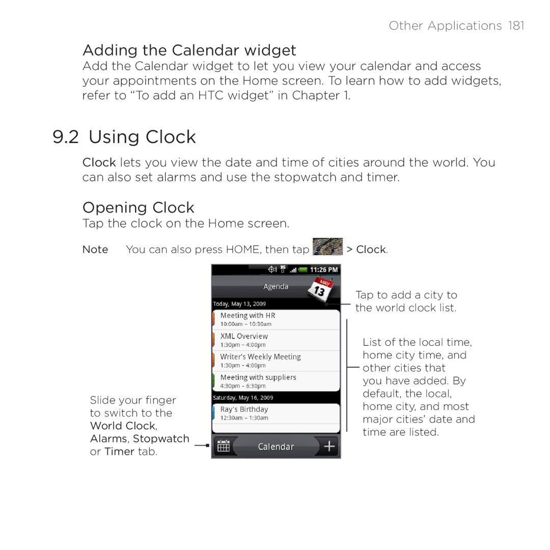 HTC PB00100 user manual Using Clock, Adding the Calendar widget, Opening Clock 