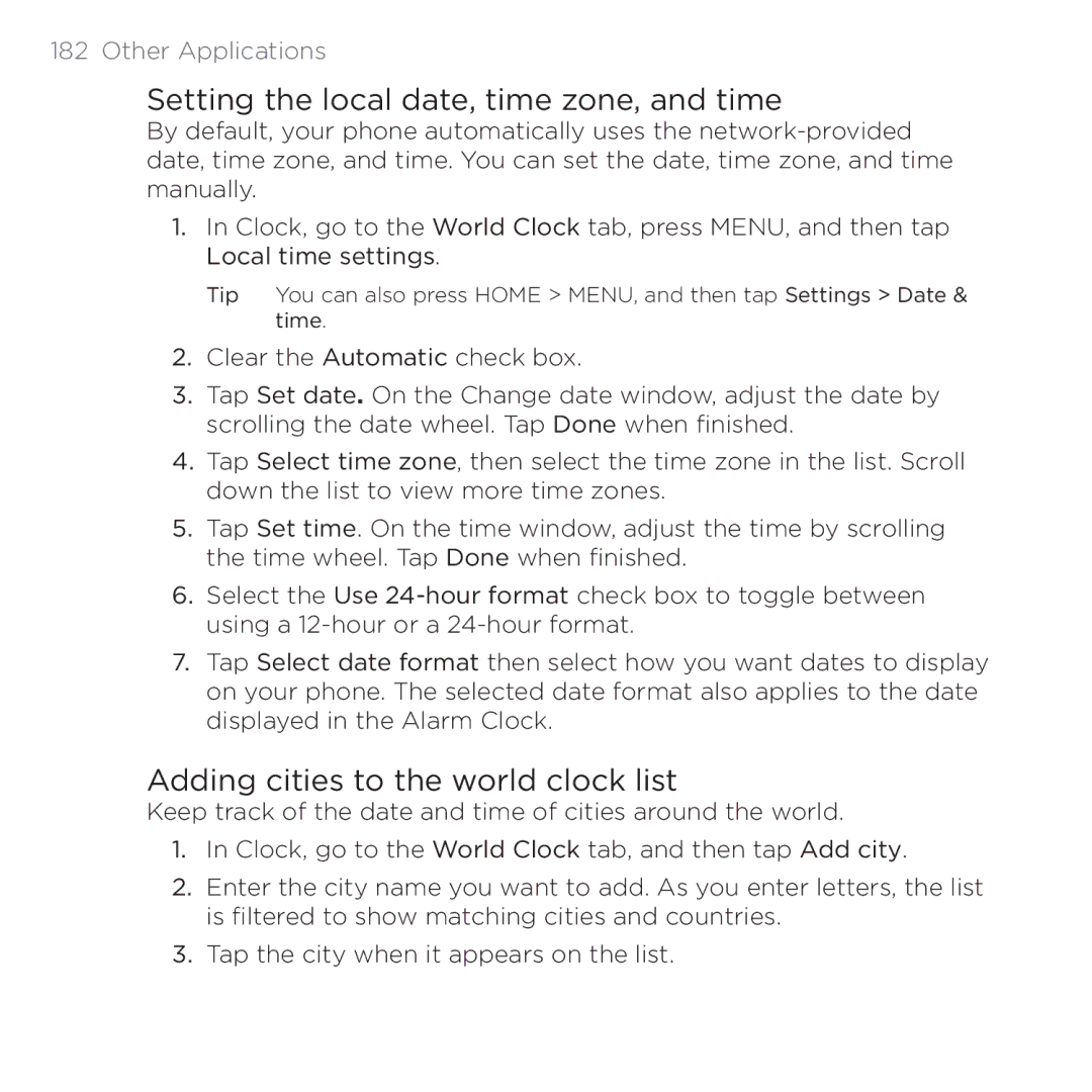 HTC PB00100 user manual Setting the local date, time zone, and time, Adding cities to the world clock list 