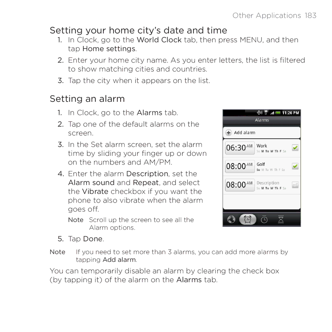 HTC PB00100 user manual Setting your home city’s date and time, Setting an alarm 