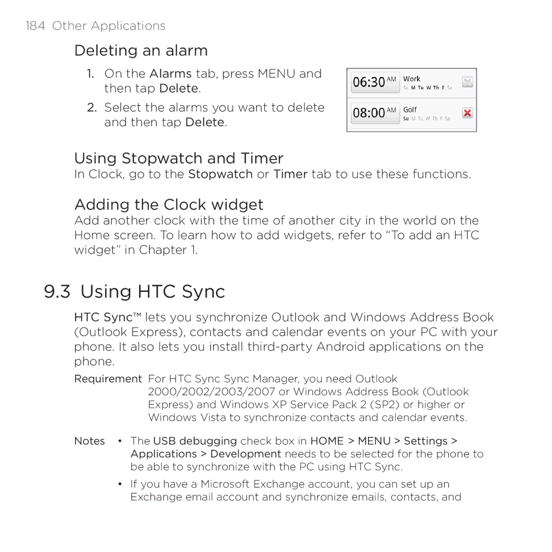 HTC PB00100 user manual Using HTC Sync, Deleting an alarm, Using Stopwatch and Timer, Adding the Clock widget 