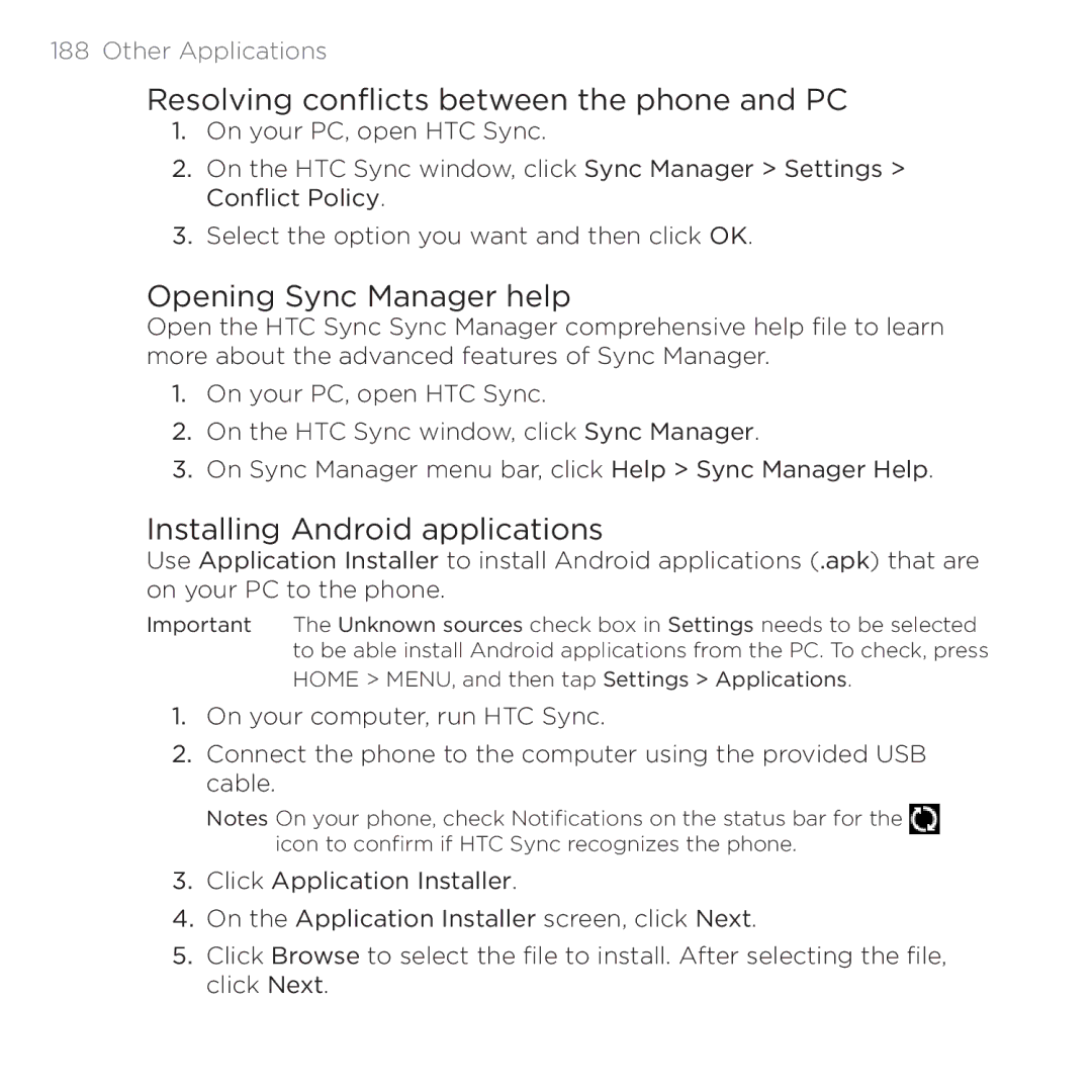 HTC PB00100 Resolving conflicts between the phone and PC, Opening Sync Manager help, Installing Android applications 