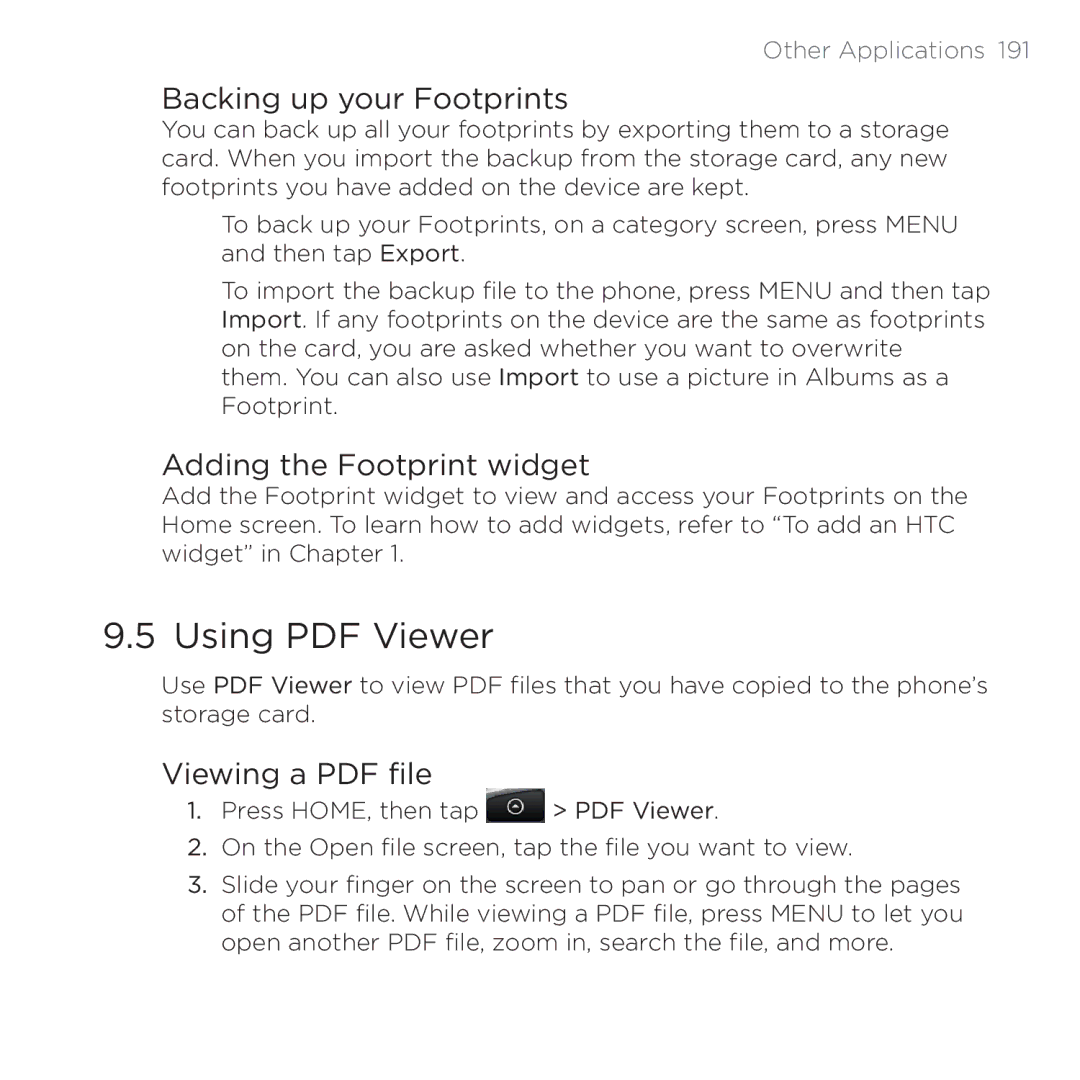 HTC PB00100 user manual Backing up your Footprints, Adding the Footprint widget 