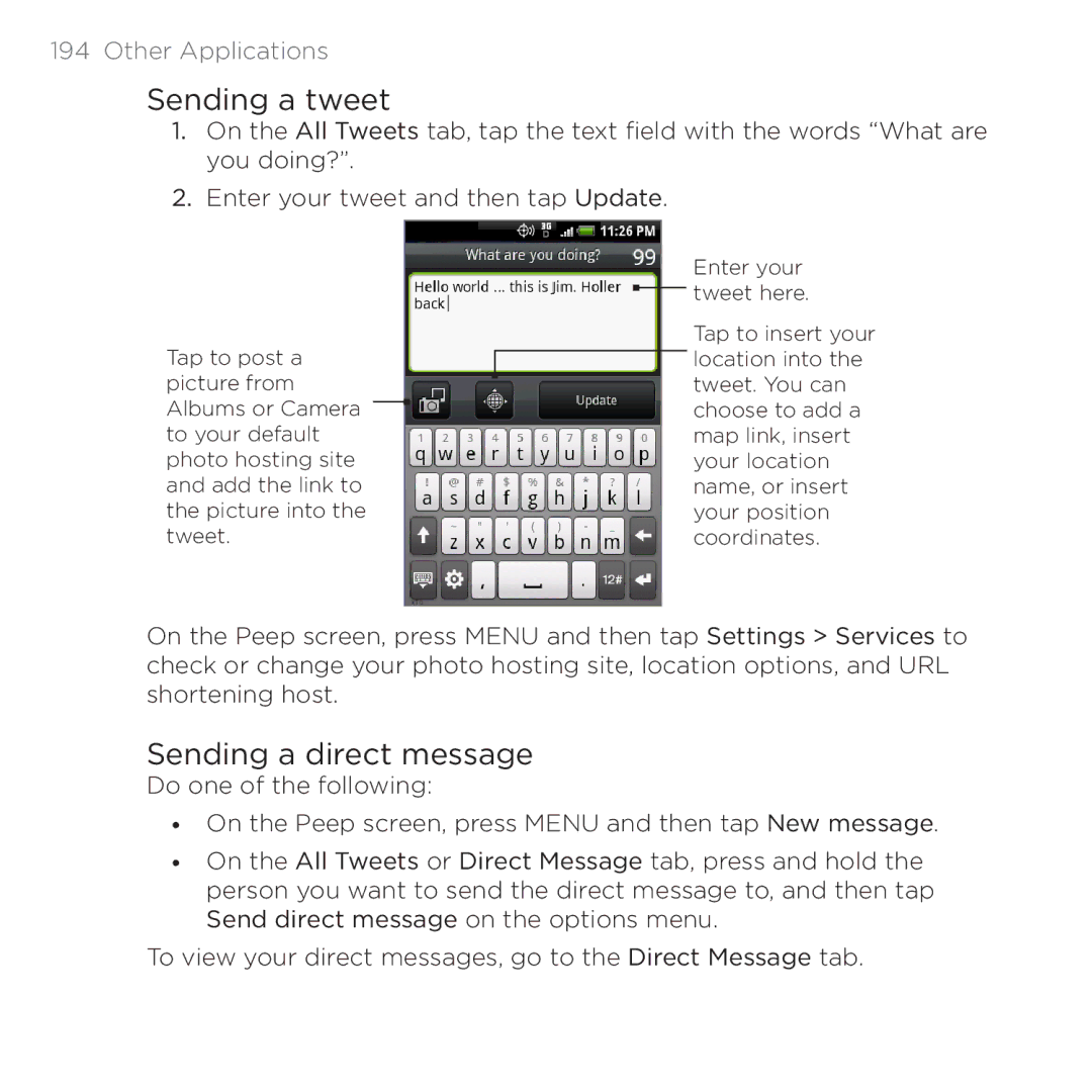 HTC PB00100 user manual Sending a tweet, Sending a direct message 