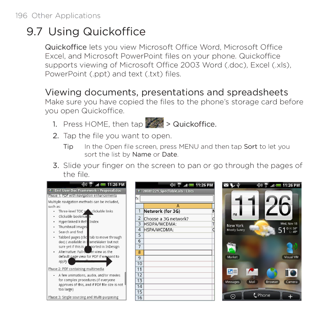 HTC PB00100 user manual Using Quickoffice, Viewing documents, presentations and spreadsheets 