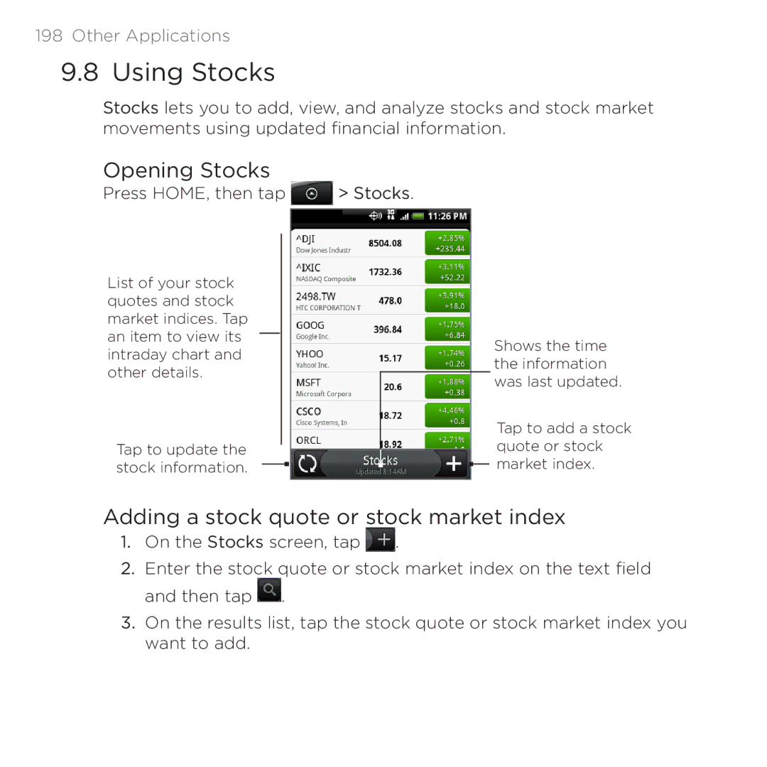 HTC PB00100 user manual Using Stocks, Opening Stocks, Adding a stock quote or stock market index 