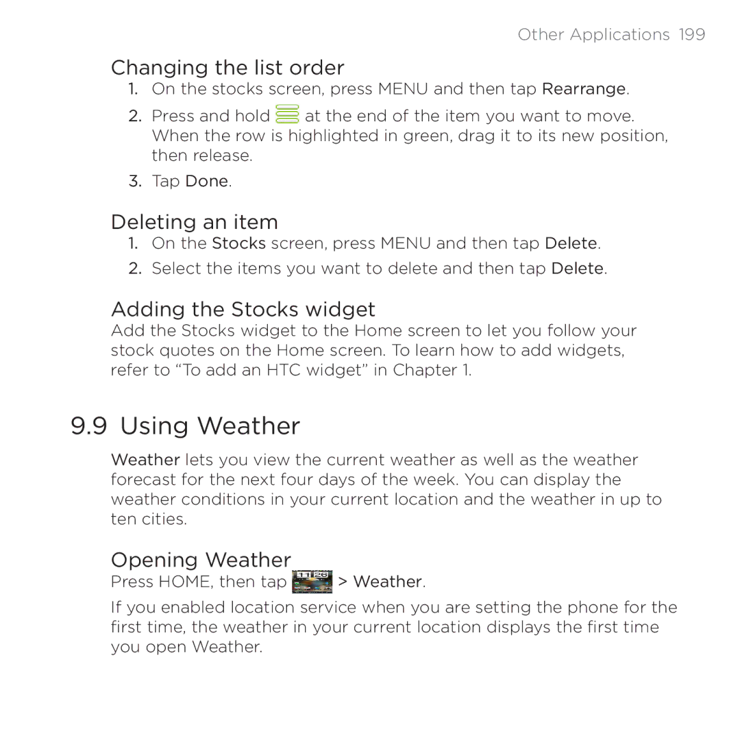 HTC PB00100 user manual Using Weather, Changing the list order, Deleting an item, Adding the Stocks widget, Opening Weather 