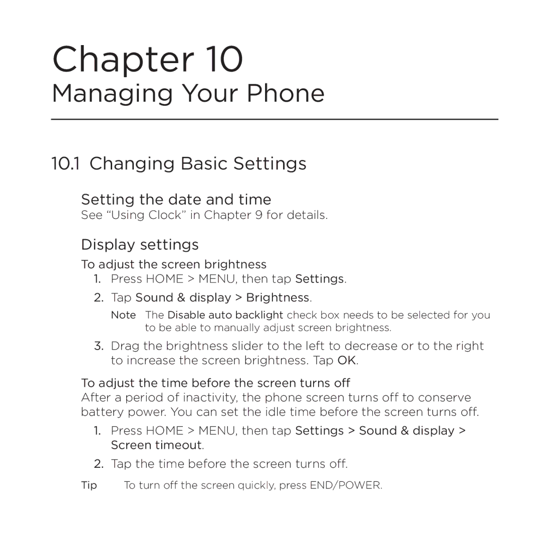 HTC PB00100 user manual Changing Basic Settings, Setting the date and time, Display settings 