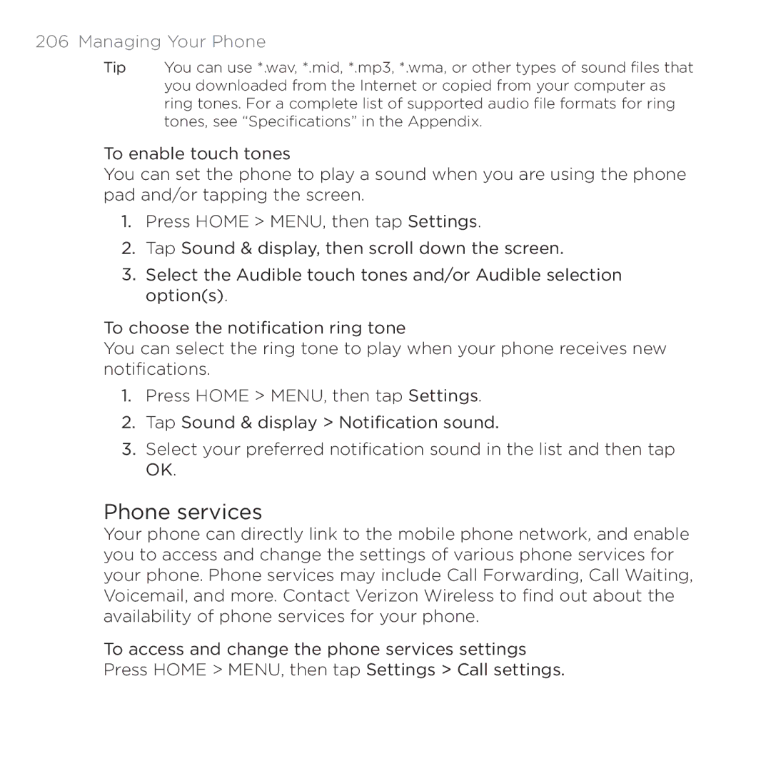 HTC PB00100 user manual Phone services, Managing Your Phone 