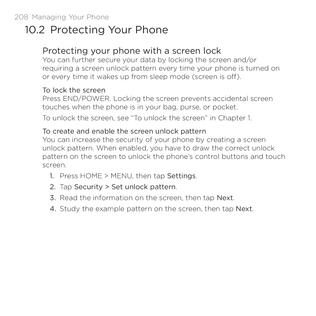 HTC PB00100 user manual Protecting Your Phone, Protecting your phone with a screen lock 