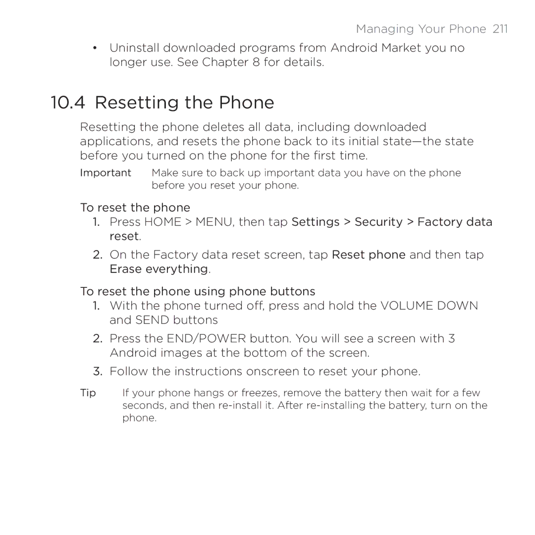 HTC PB00100 user manual Resetting the Phone 