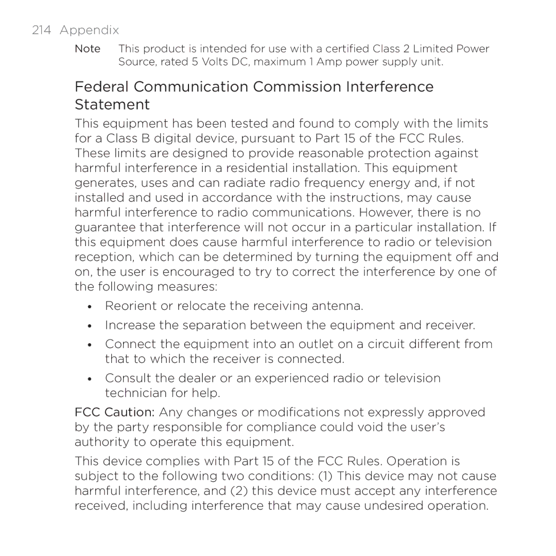 HTC PB00100 user manual Federal Communication Commission Interference Statement 