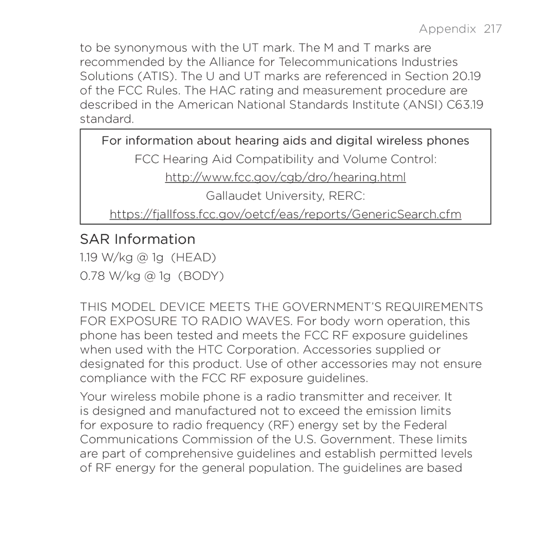 HTC PB00100 user manual SAR Information 