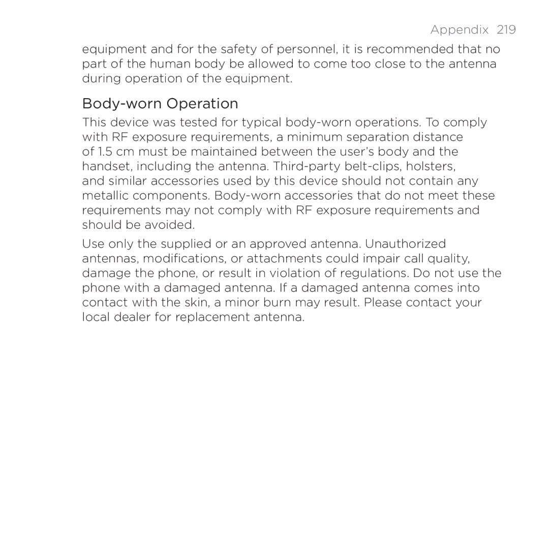 HTC PB00100 user manual Body-worn Operation 