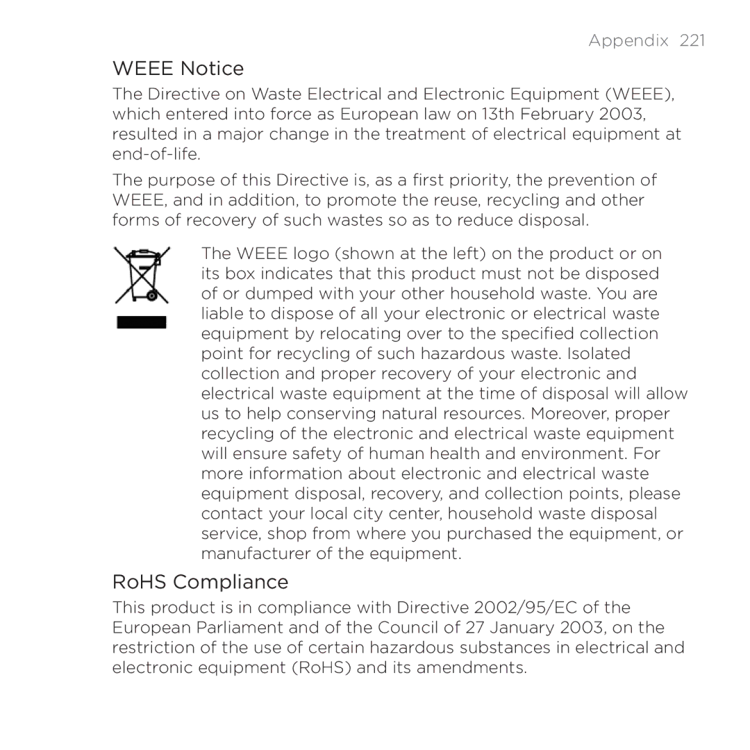 HTC PB00100 user manual Weee Notice, RoHS Compliance 