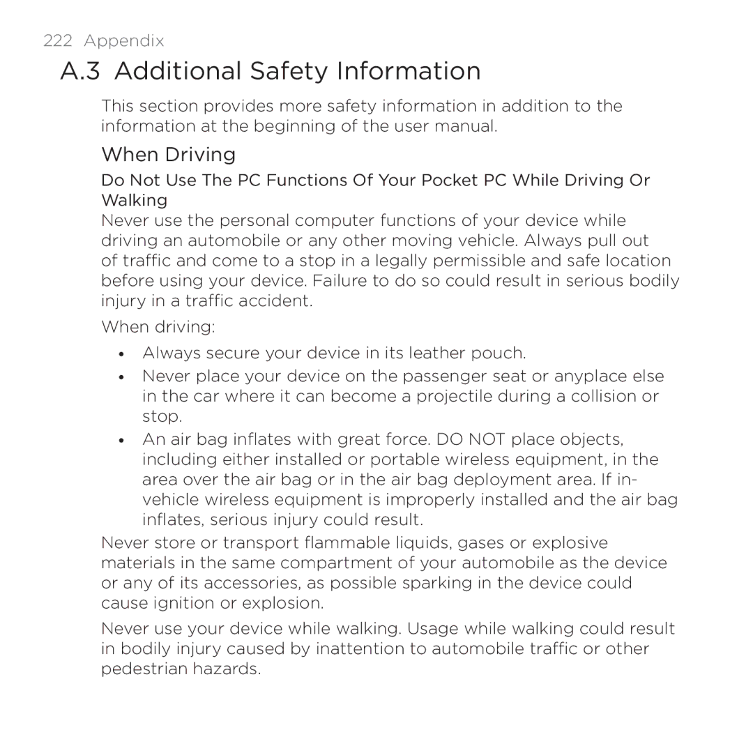 HTC PB00100 user manual Additional Safety Information, When Driving 