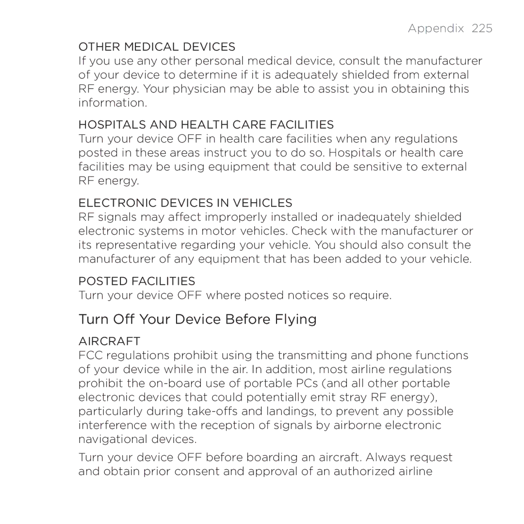 HTC PB00100 user manual Turn Off Your Device Before Flying, Other Medical Devices 