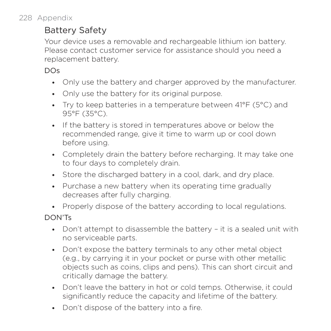 HTC PB00100 user manual Battery Safety 