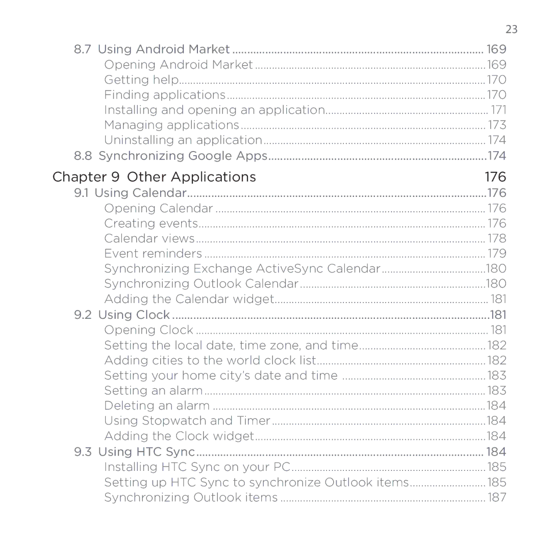 HTC PB00100 user manual 170, 171, 173, 174, 176, 178, 179, 180, 181, 182, 183, 184, 185, 187 