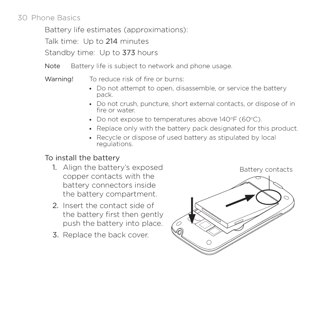 HTC PB00100 user manual To install the battery Align the battery’s exposed 