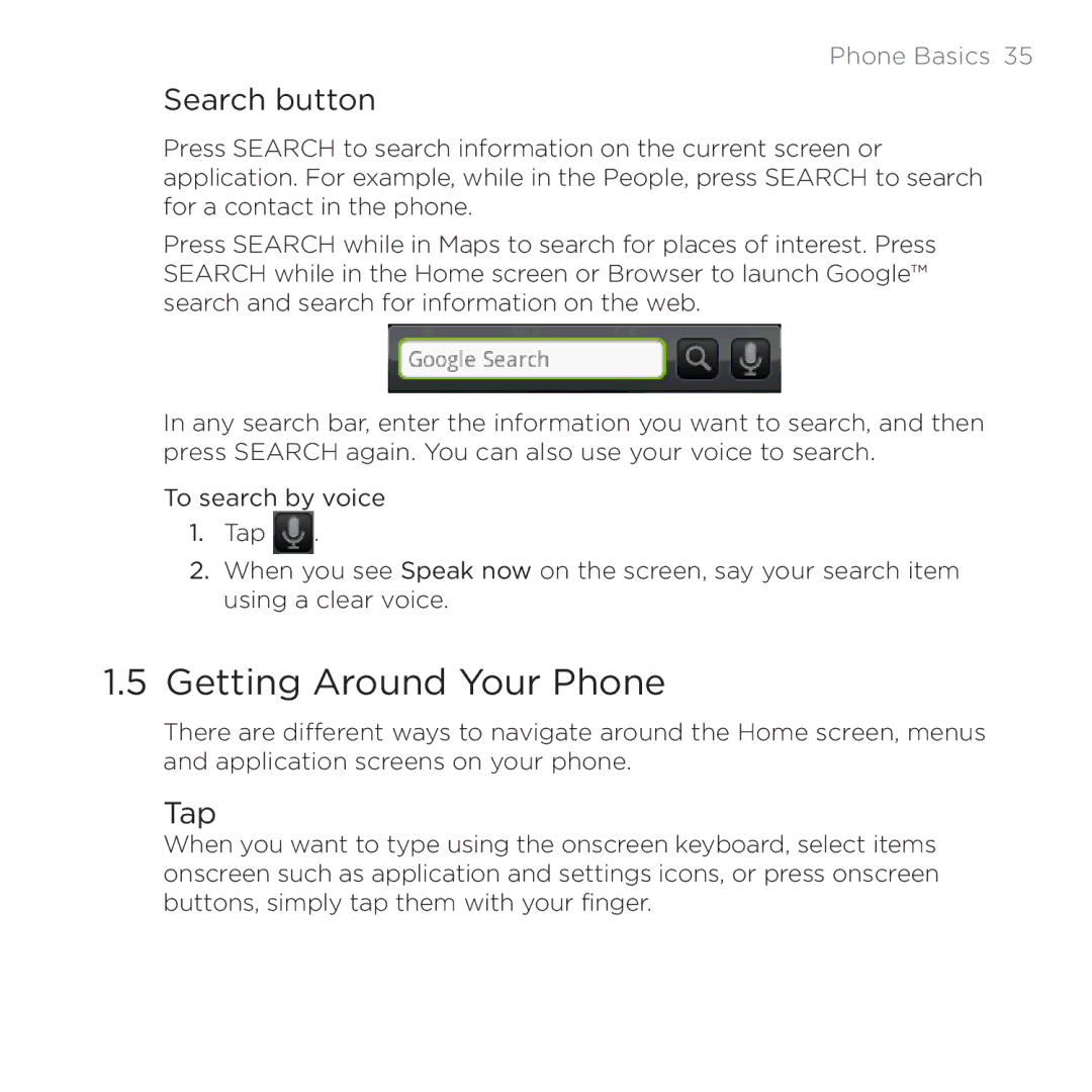 HTC PB00100 user manual Getting Around Your Phone, Search button, Tap 