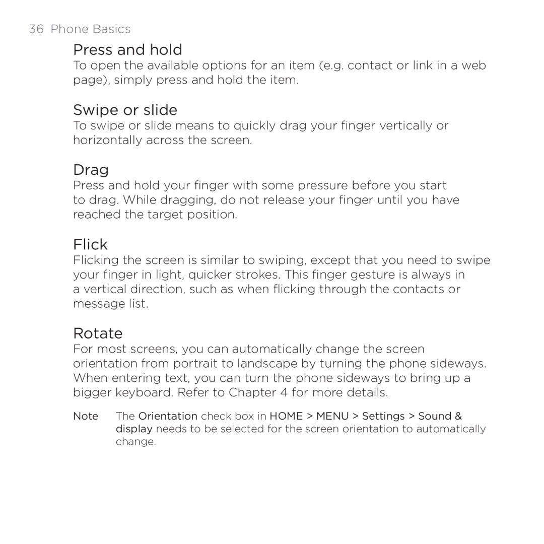 HTC PB00100 user manual Press and hold, Swipe or slide, Drag, Flick, Rotate 