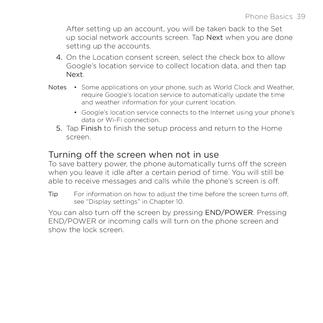 HTC PB00100 user manual Turning off the screen when not in use 