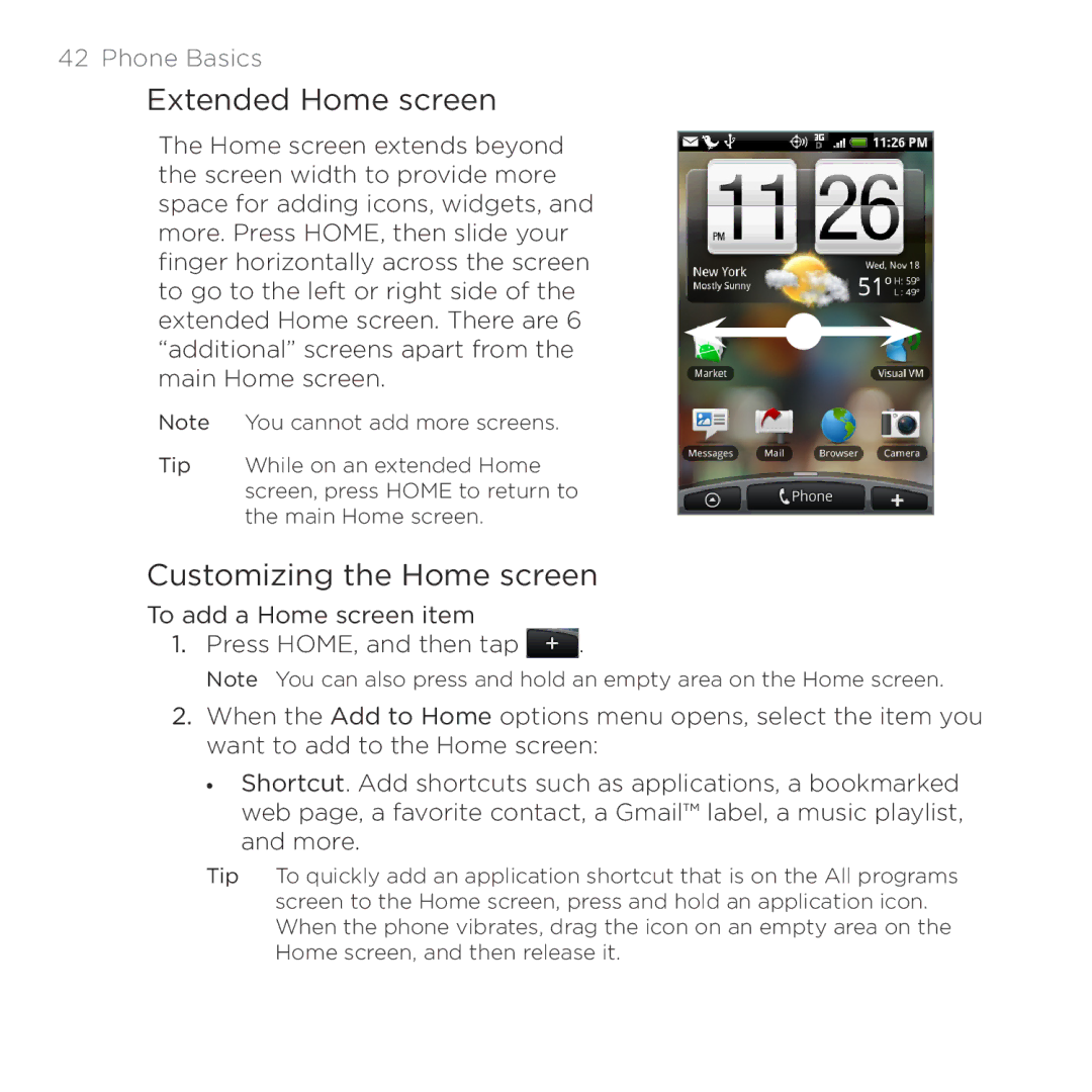 HTC PB00100 user manual Extended Home screen, Customizing the Home screen 