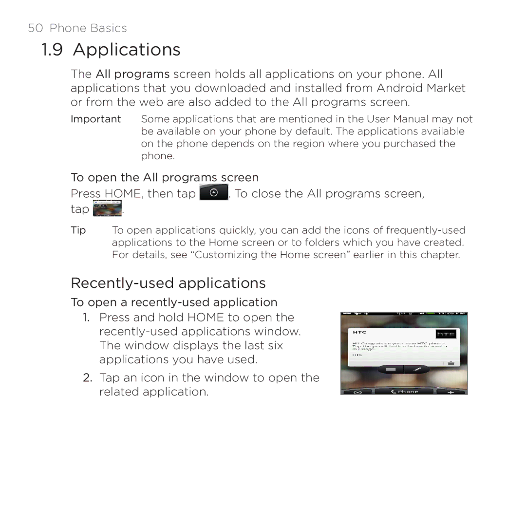 HTC PB00100 user manual Applications, Recently-used applications 