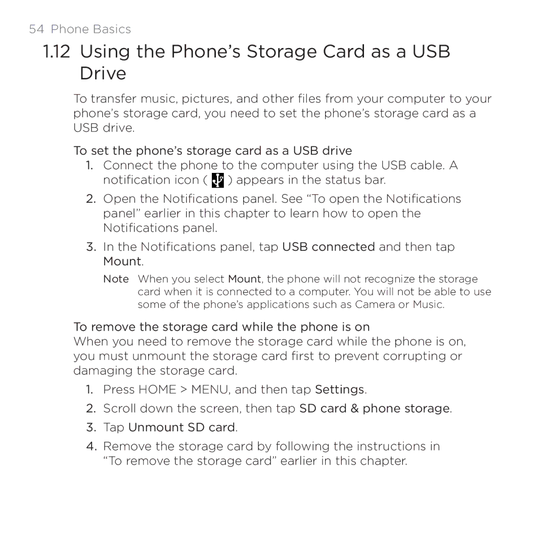 HTC PB00100 user manual Using the Phone’s Storage Card as a USB Drive 