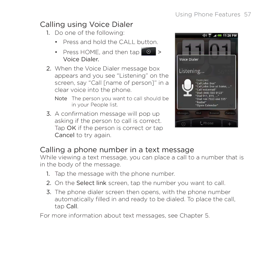 HTC PB00100 user manual Calling using Voice Dialer, Calling a phone number in a text message 