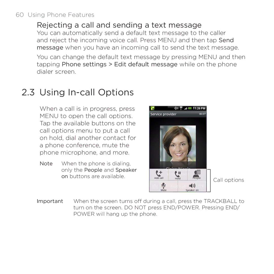 HTC PB00100 user manual Using In-call Options, Rejecting a call and sending a text message 