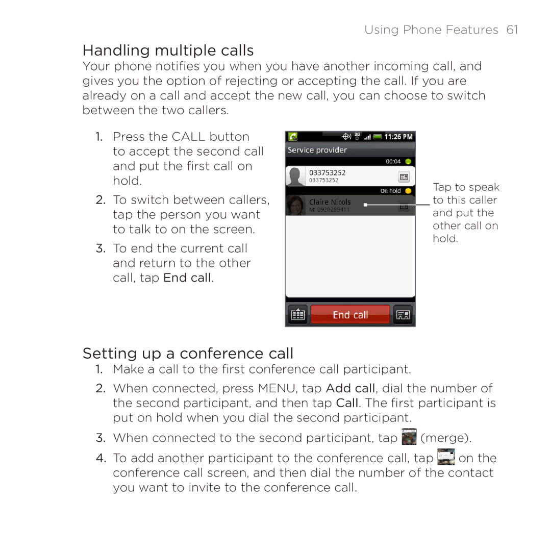 HTC PB00100 user manual Handling multiple calls, Setting up a conference call 