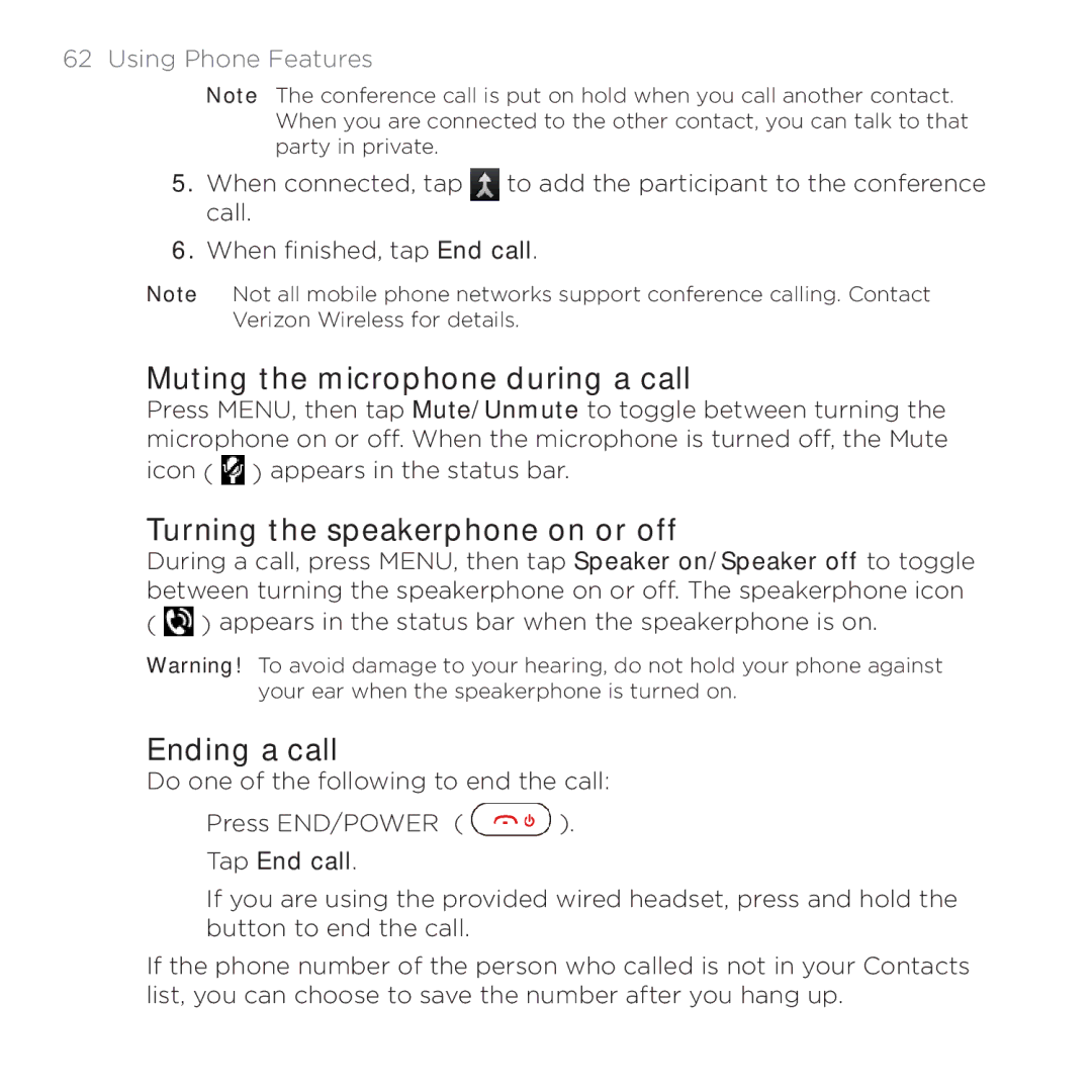 HTC PB00100 user manual Muting the microphone during a call, Turning the speakerphone on or off, Ending a call 