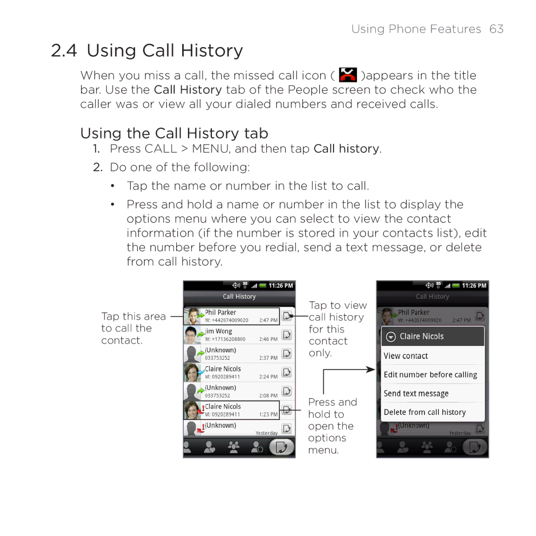 HTC PB00100 user manual Using Call History, Using the Call History tab 