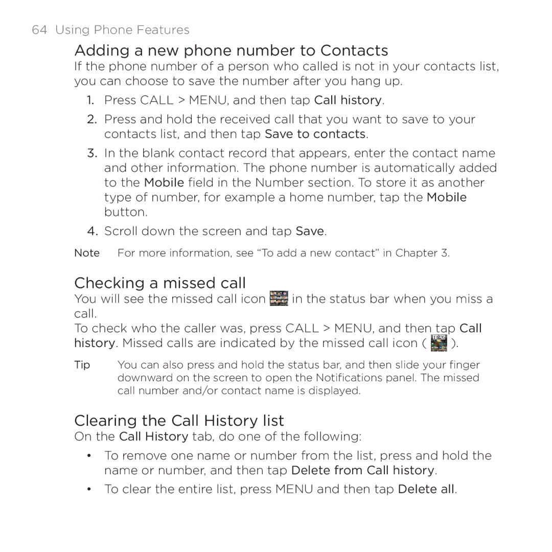 HTC PB00100 user manual Adding a new phone number to Contacts, Checking a missed call, Clearing the Call History list 