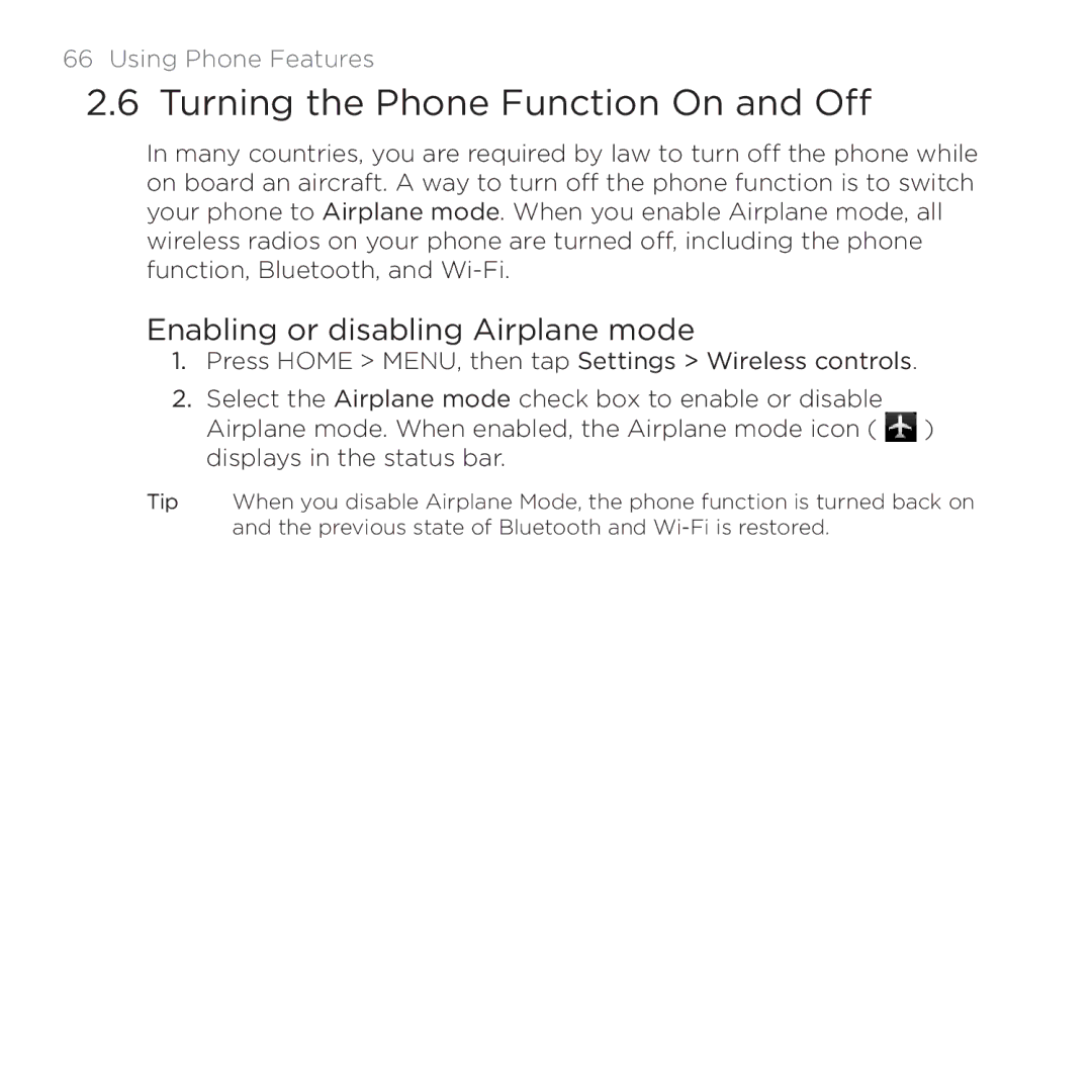 HTC PB00100 user manual Turning the Phone Function On and Off, Enabling or disabling Airplane mode 