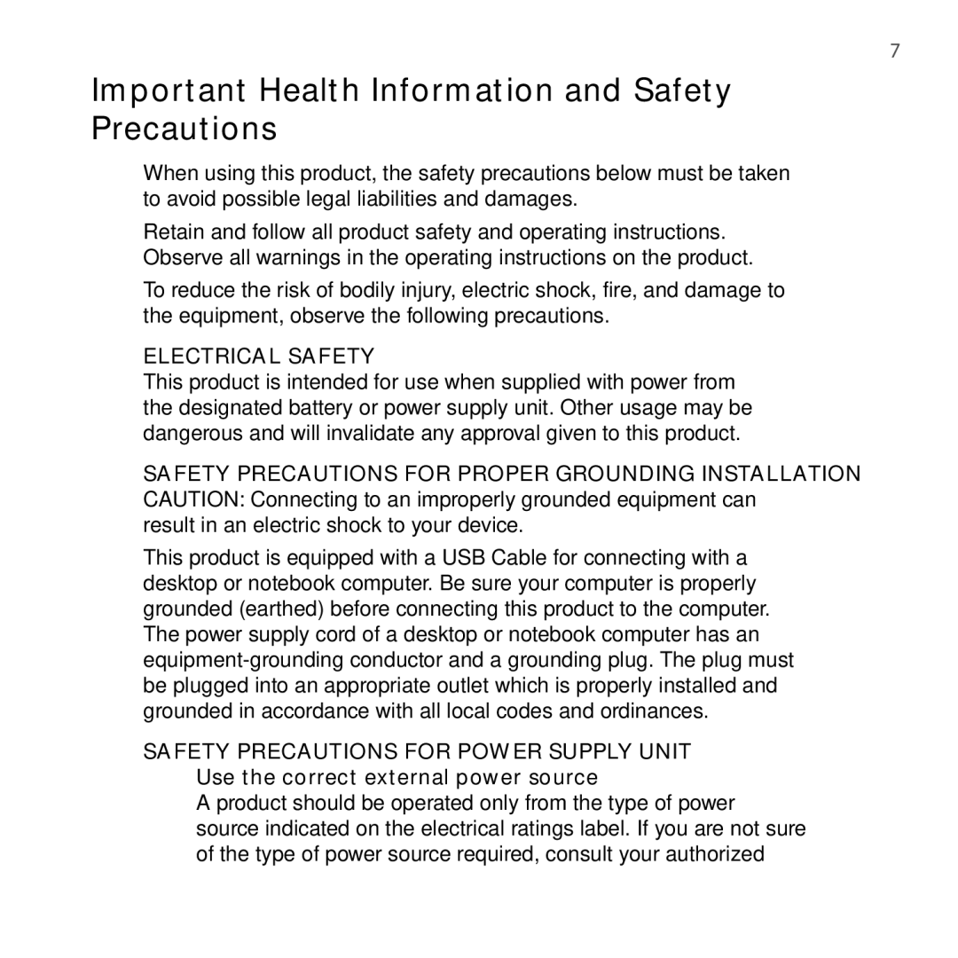 HTC PB00100 user manual Important Health Information and Safety Precautions, Electrical Safety 