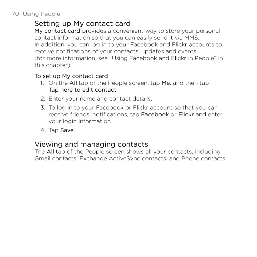 HTC PB00100 user manual Setting up My contact card, Viewing and managing contacts 