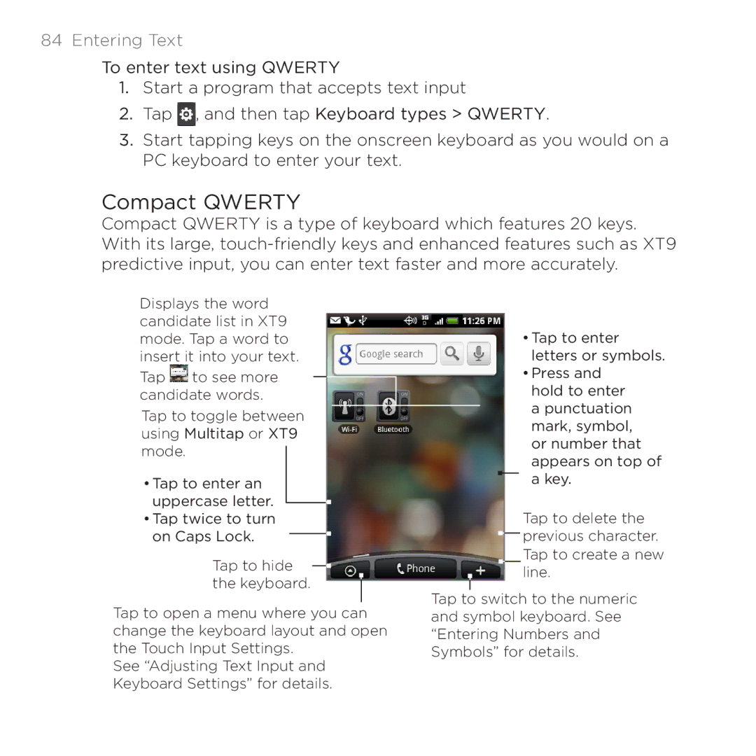 HTC PB00100 user manual Compact Qwerty, Entering Text 