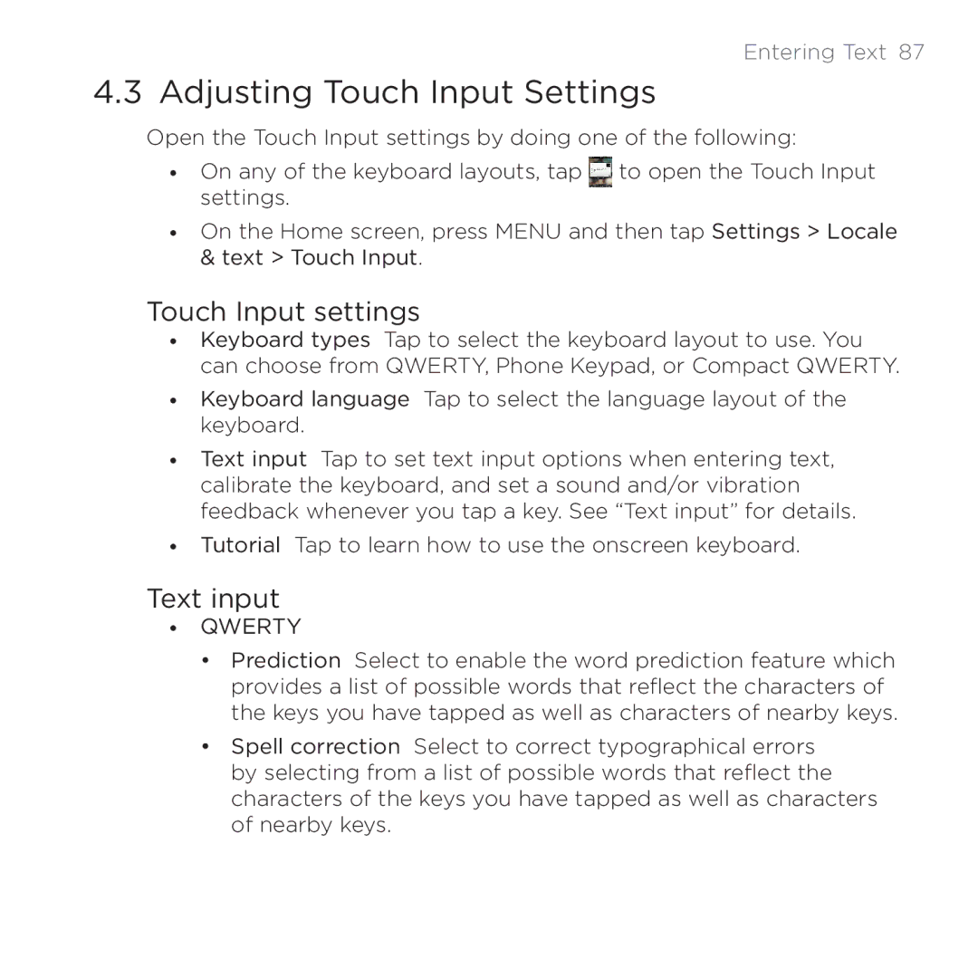 HTC PB00100 user manual Adjusting Touch Input Settings, Touch Input settings, Text input 