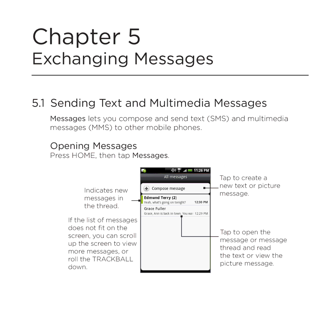 HTC PB00100 user manual Sending Text and Multimedia Messages, Opening Messages 