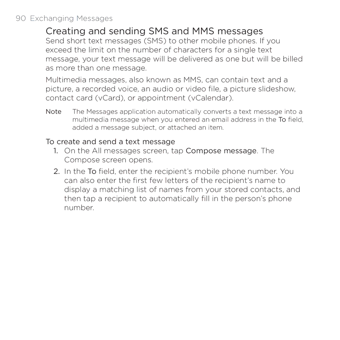 HTC PB00100 user manual Creating and sending SMS and MMS messages, Exchanging Messages 