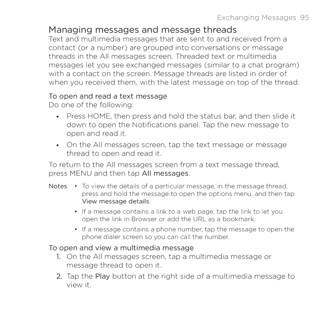 HTC PB00100 user manual Managing messages and message threads 