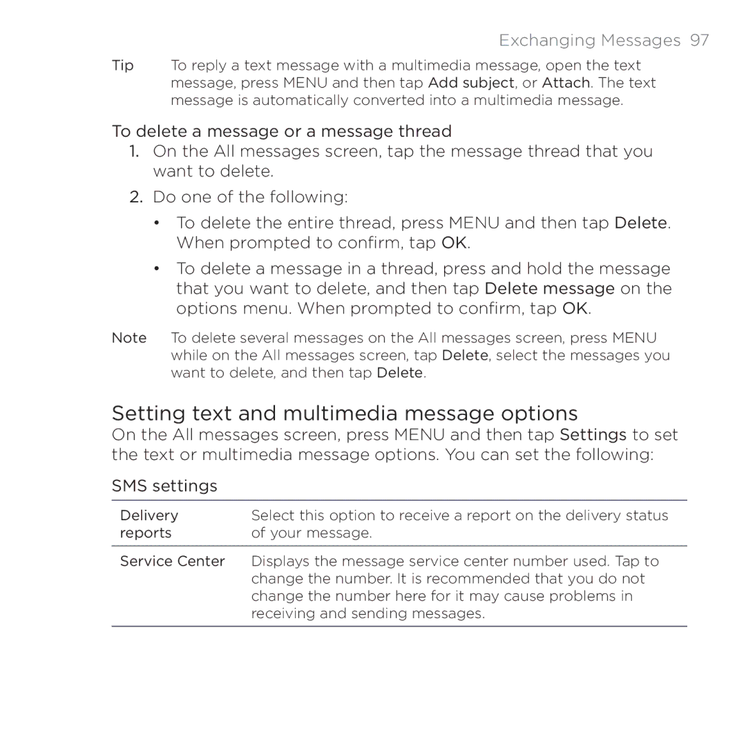 HTC PB00100 user manual Setting text and multimedia message options 